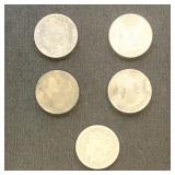 US Coins 5 Morgan Silver Dollars from group, circu