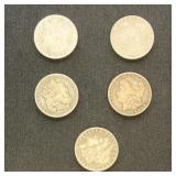 US Coins 5 Morgan Silver Dollars from group, circu