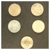 US Coins 5 Peace Silver Dollars from group, circul