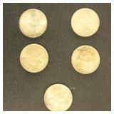 US Coins 5 Peace Silver Dollars from group, circul