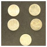 US Coins 5 Peace Silver Dollars from group, circul