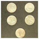 US Coins 5 Peace Silver Dollars from group, circul