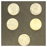 US Coins 5 Peace Silver Dollars from group, circul