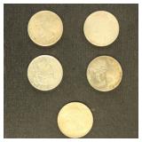 US Coins 5 Peace Silver Dollars from group, circul