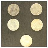 US Coins 5 Peace Silver Dollars from group, circul