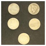 US Coins 5 Peace Silver Dollars from group, circul