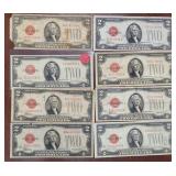 US Paper Money 8 x Series 1928 $2 Bills, mixed con