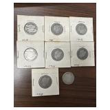 US Coins 8 Silver Barber Quarters, circulated