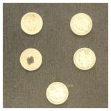 US Coins 5 Barber Half Dollars, Circulated, bid is