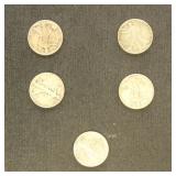 US Coins 5 Walking Liberty Half Dollars, Circulate