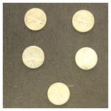 US Coins 5 Walking Liberty Half Dollars, Circulate