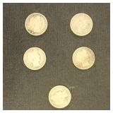 US Coins 5 Barber Half Dollars, Circulated, bid is