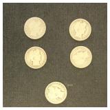 US Coins 5 Barber Half Dollars, Circulated, bid is