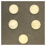 US Coins 5 Walking Liberty Half Dollars, Circulate