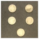 US Coins 5 Barber Half Dollars, Circulated, bid is