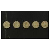 US Coins 5 Walking Liberty Silver Half Dollars, ci