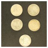 US Coins 5 Morgan Silver Dollars from group, circu