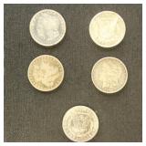 US Coins 5 Morgan Silver Dollars from group, circu
