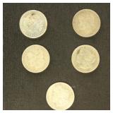 US Coins 5 Morgan Silver Dollars from group, circu
