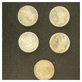 US Coins 5 Morgan Silver Dollars from group, circu