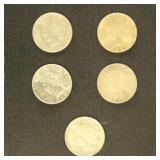 US Coins 5 Peace Silver Dollars from group, circul