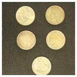 US Coins 5 Peace Silver Dollars from group, circul