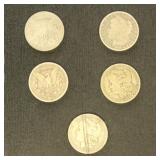 US Coins 5 Morgan Silver Dollars from group, circu