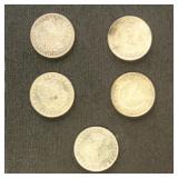 US Coins 5 Morgan Silver Dollars from group, circu