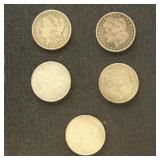 US Coins 5 Morgan Silver Dollars from group, circu