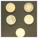 US Coins 5 Morgan Silver Dollars from group, circu