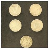 US Coins 5 Morgan Silver Dollars from group, circu