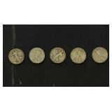 US Coins 5 Walking Liberty Silver Half Dollars, ci