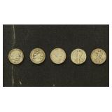 US Coins 5 Walking Liberty Silver Half Dollars, ci