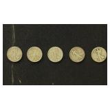 US Coins 5 Walking Liberty Silver Half Dollars, ci