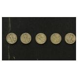 US Coins 5 Walking Liberty Silver Half Dollars, ci