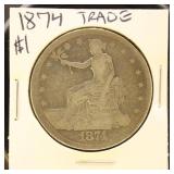 US Coin 1874 Trade Silver Dollar, circulated