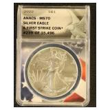 US Coins 2022 Type 1 Silver Eagle Graded MS70 by A