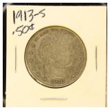 US Coin 1913-S Barber Half Dollar, Circulated