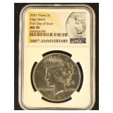 US Silver Coin 2021 Peace High Relief Dollar MS70