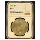 US Coins 1922 Peace Silver Dollar Graded MS63 by N