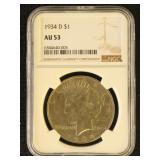 US Coins 1934-D Peace Silver Dollar Graded AU53 by