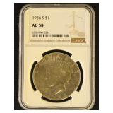 US Coin 1926-S Peace Silver Dollar Graded AU58 by