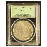 US Coins 1887 Morgan Silver Dollar Graded MS64 by