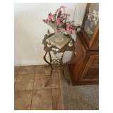 Ornate Brass Accent Table with Crystal Vase