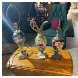 Set of Three Floral Painted Lamps with Ornate Bases