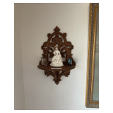 Carved Wooden Wall Shelf with Porcelain Figurine and Glass Vases