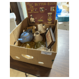 Box Lot of Collectibles - Signs, Kitchenware, and More