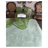 Green Depression Glass Pitcher, Cookie Jar, and Plate Set