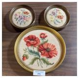 Framed Needlepoint Flower Art - Set of 3
