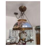 Hanging Oil Lamp with Painted Shade and Crystal Prisms